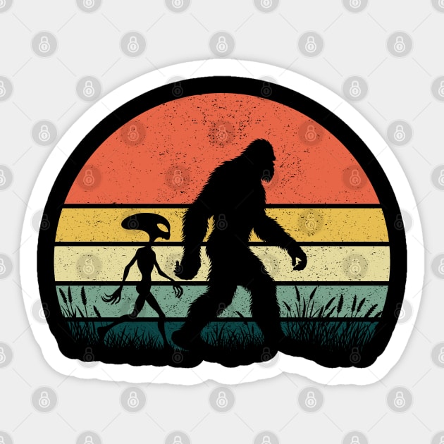 Bigfoot Walking With Alien Vintage Sunset Hiking Outdoor Sticker by Cuteness Klub